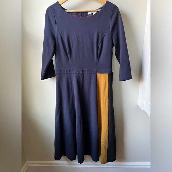 BODEN Claudia Ponte Dress Colorblock Midi Fit Flare Blue Feminine Stretch 12 - Picture 1 of 6